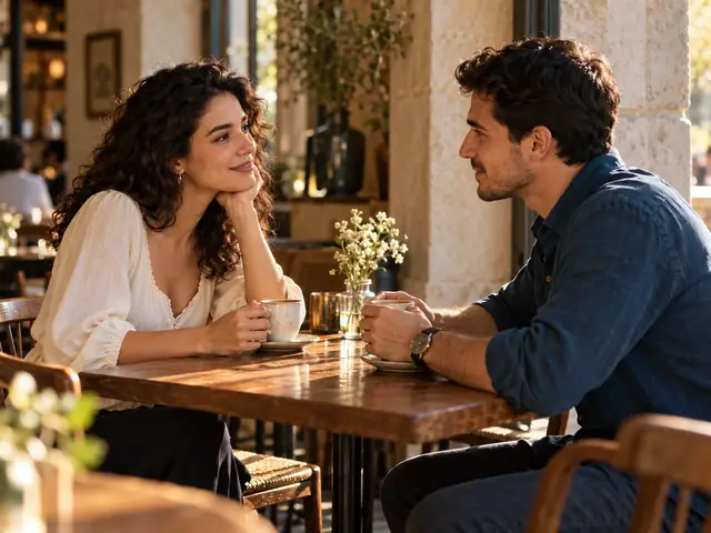 Una pareja de novios conversa en una mesa