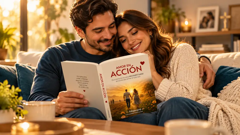 Una pareja lee juntos el libro Amor en Acción en el sofá de su casa