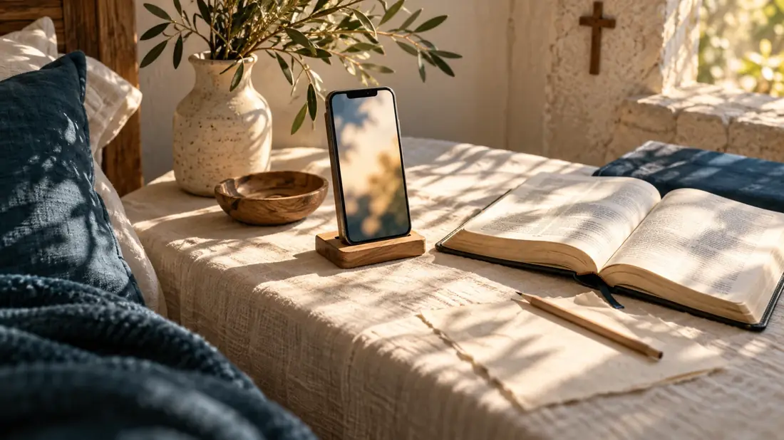 Un celular junto a una Biblia abierta en un espacio cálido y tranquilo