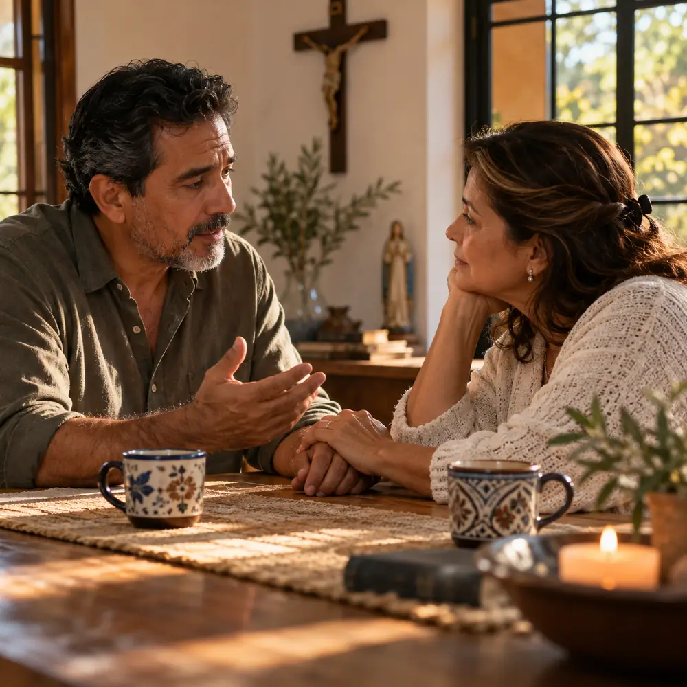 Un esposo y una esposa conversan en la mesa de su casa