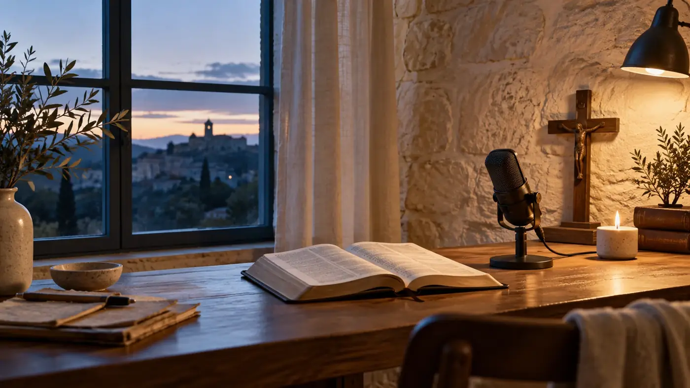 Un micrófono, una Biblia y un crucifijo en un espacio de oración al amanecer