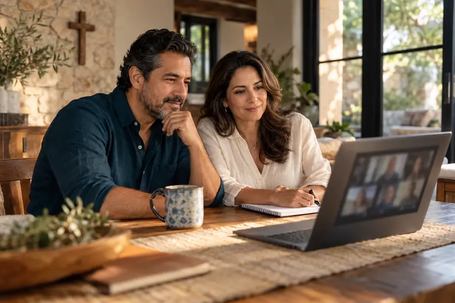 Una pareja participa desde casa en el encuentro semanal en vivo