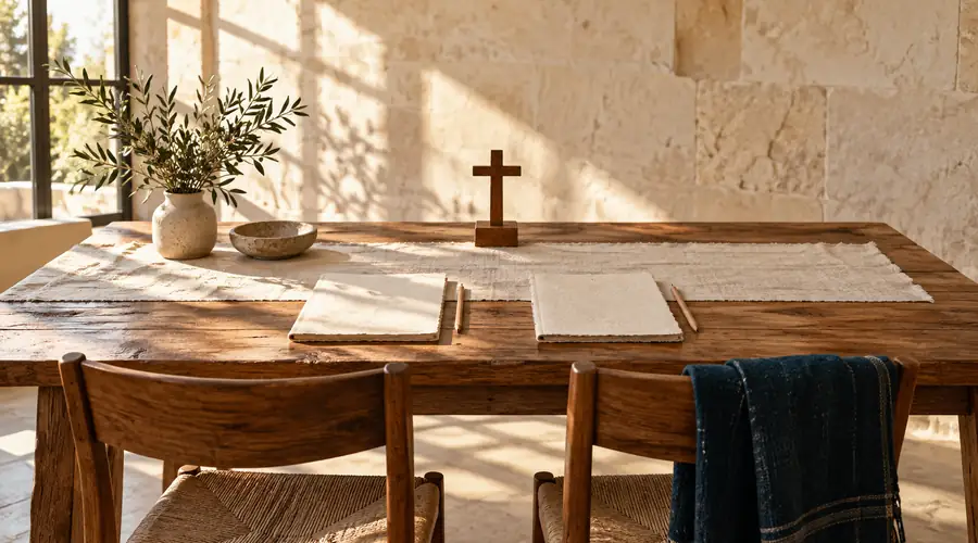 Una mesa de madera con dos cuadernos, dos lápices y una cruz, lista para un encuentro
