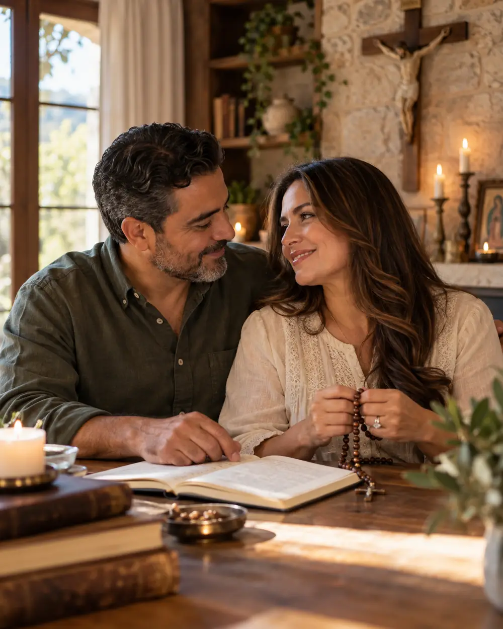 Un matrimonio reza el rosario con la Biblia abierta
