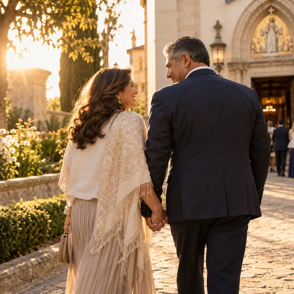 Un matrimonio camina de la mano hacia la iglesia