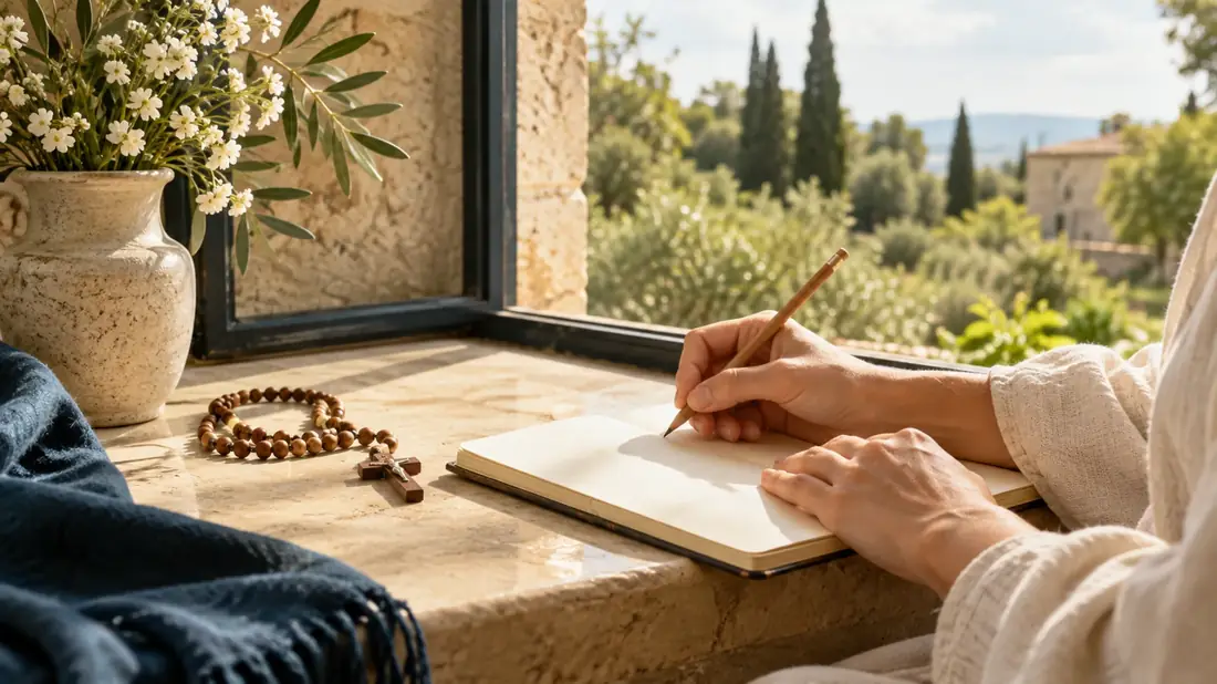 Manos escriben en un cuaderno junto a un rosario frente a una ventana
