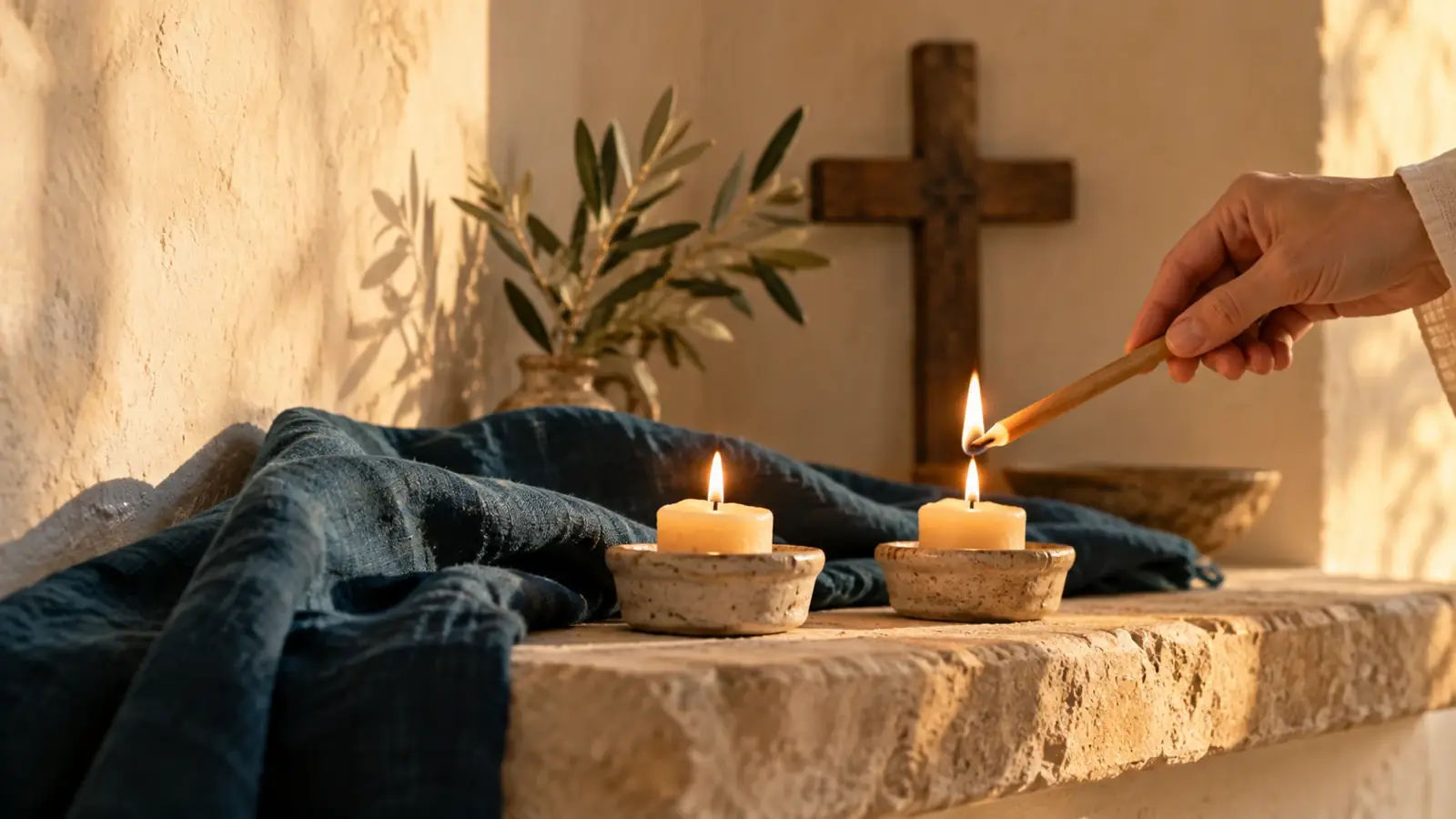 Una mano enciende dos velas frente a una cruz de madera