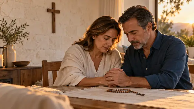 Un matrimonio reza junto en su casa
