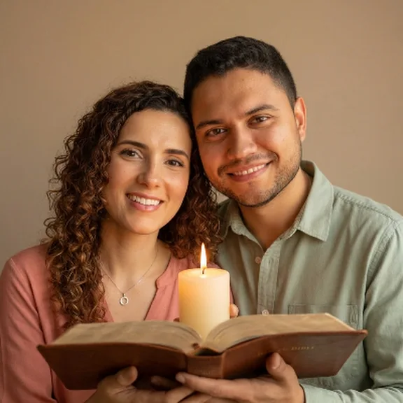 Ade y Mai con la Biblia abierta y una vela encendida