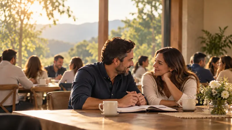 Un matrimonio conversa y sonríe en una mesa de retiro