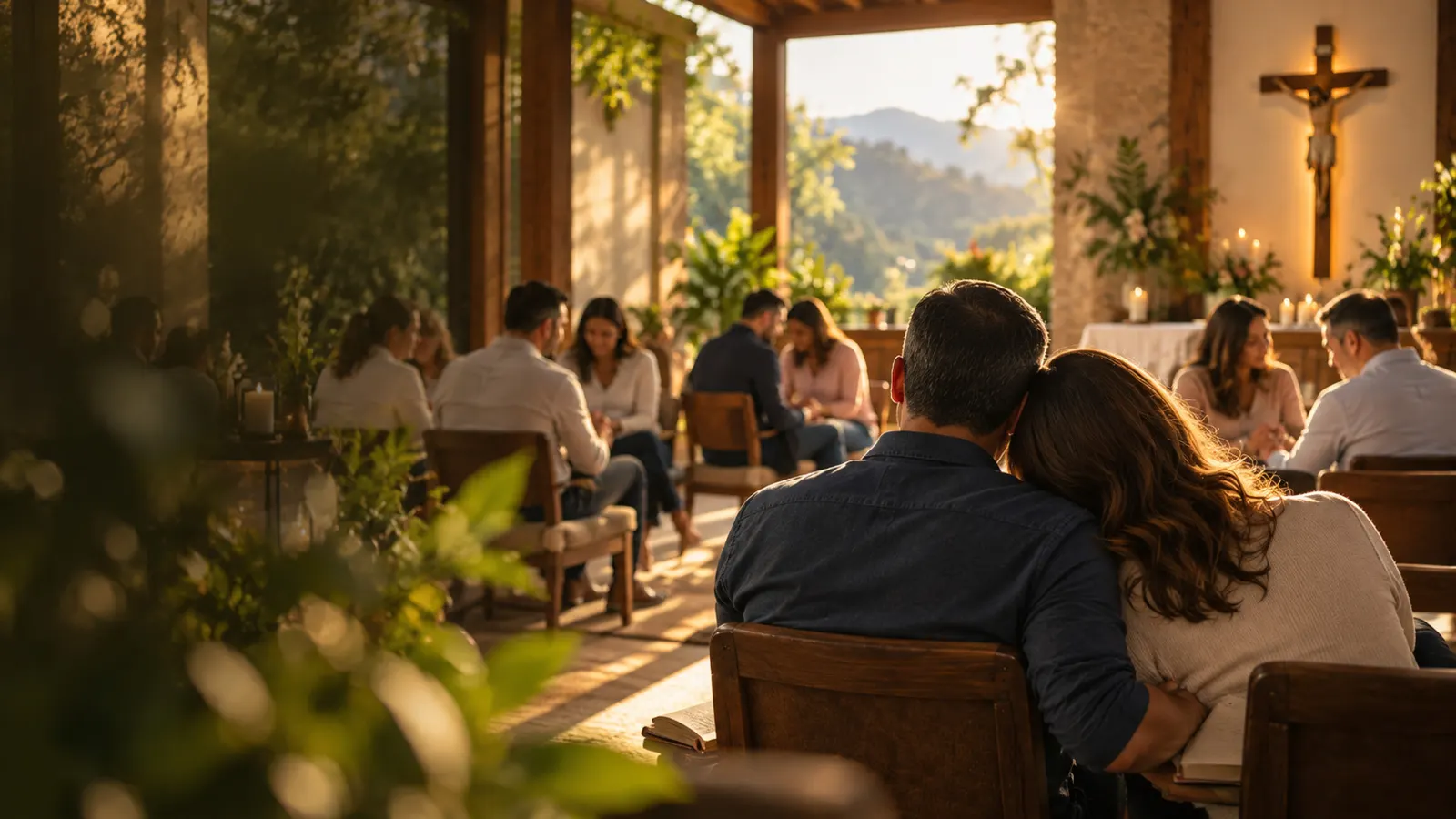 Matrimonios en un retiro espiritual, en una terraza junto a una capilla al atardecer