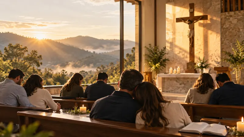 Matrimonios en una capilla frente a la cruz, con vista a las montañas