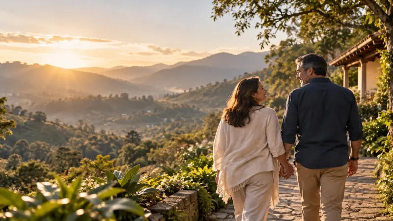 Un matrimonio camina de la mano hacia el atardecer