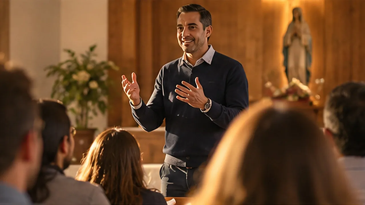 Ade conduce una charla para matrimonios en un salón parroquial