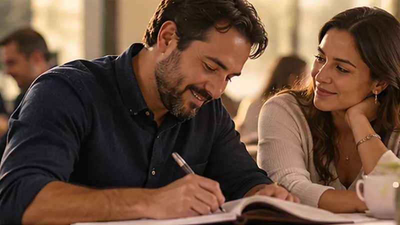 Un esposo escribe en su cuaderno junto a su esposa durante un taller